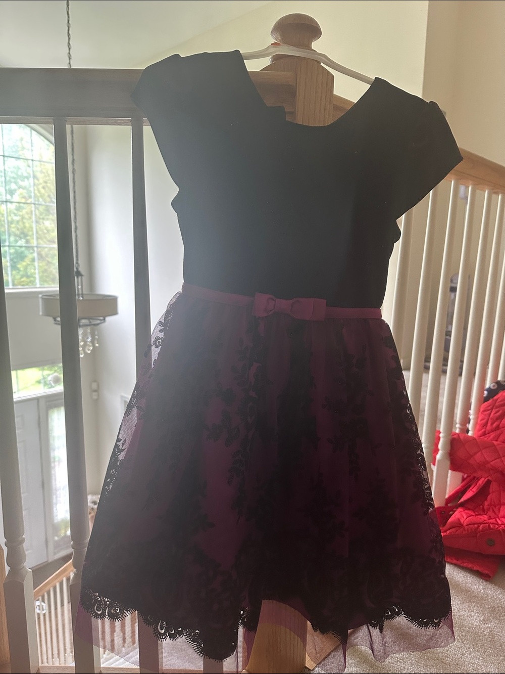 Girls Black and Plum Lace Party Dress with Bow